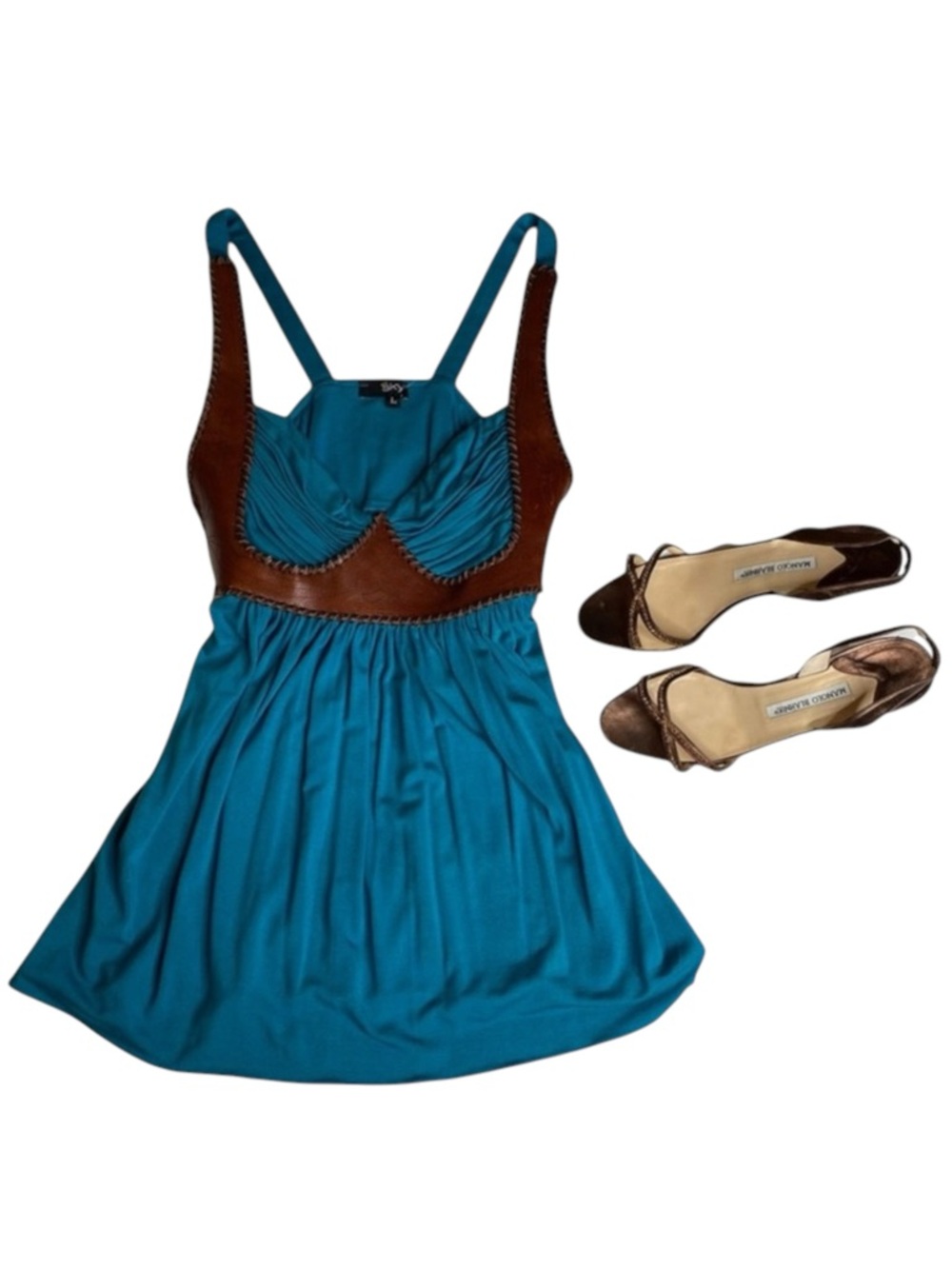 new Sky ☀︎︎ Etched Leather Bodice Embellished Sexy Strappy Silk Top ☀︎︎ Teal - Picture 14 of 16
